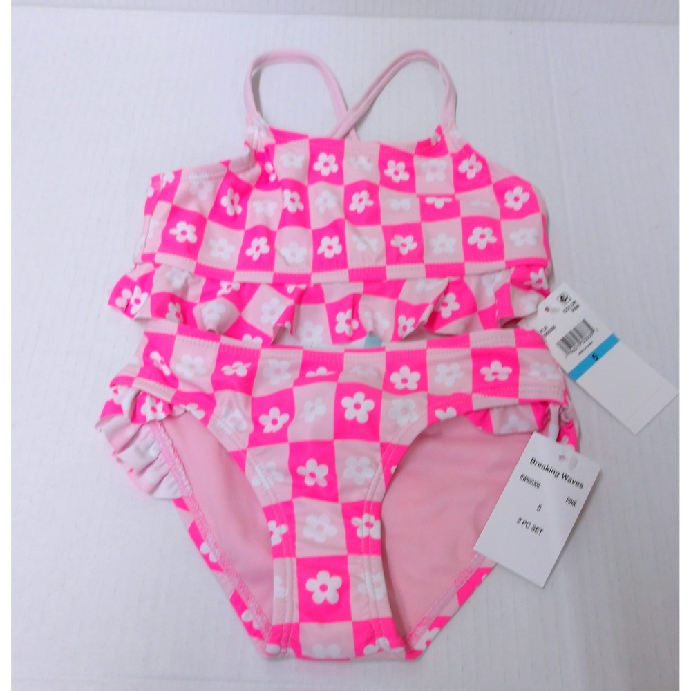 Pink Checkered Floral Bikini Set Girls Size 5 Ruffle Two Piece Swimsuit /#26577‎